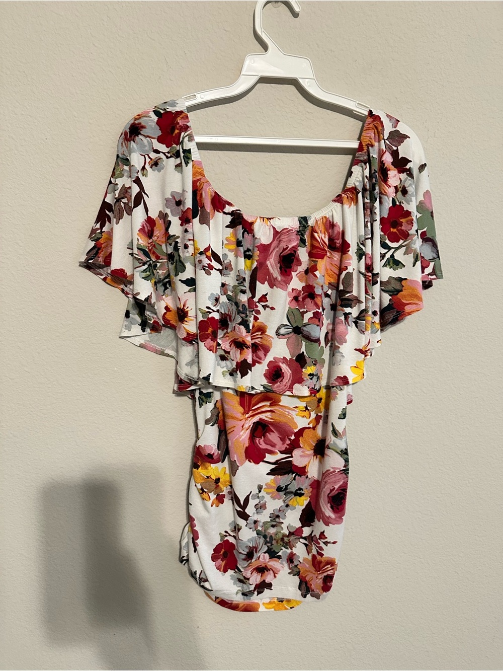 Venus Floral Off-Shoulder Ruffle Dress - White with Pink & Yellow Blooms